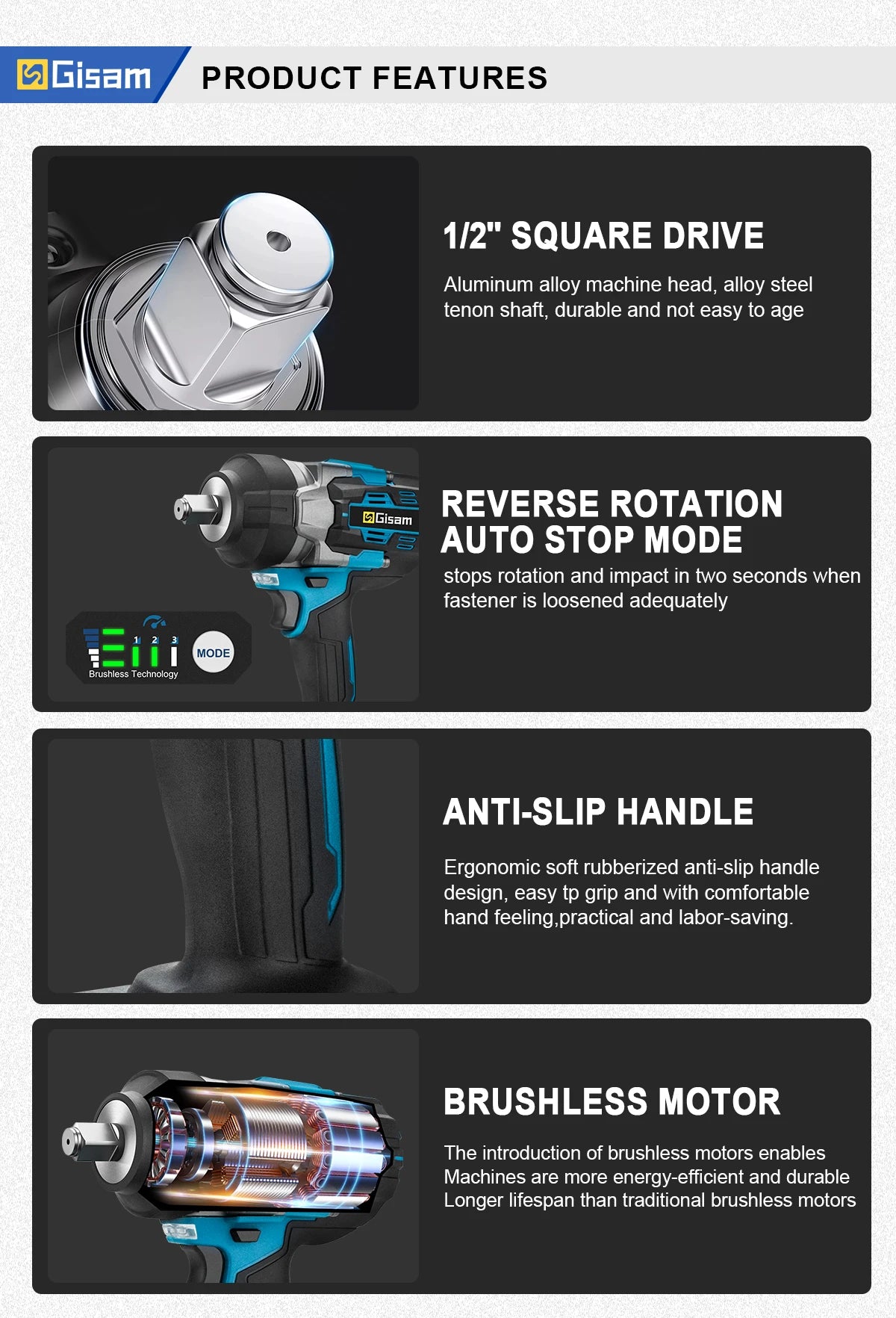 Gisam 2800N.M Torque Brushless Electric Impact Wrench 1/2 inch Screwdriver Cordless Wrench Power Tool For Makita 18V Battery Pin