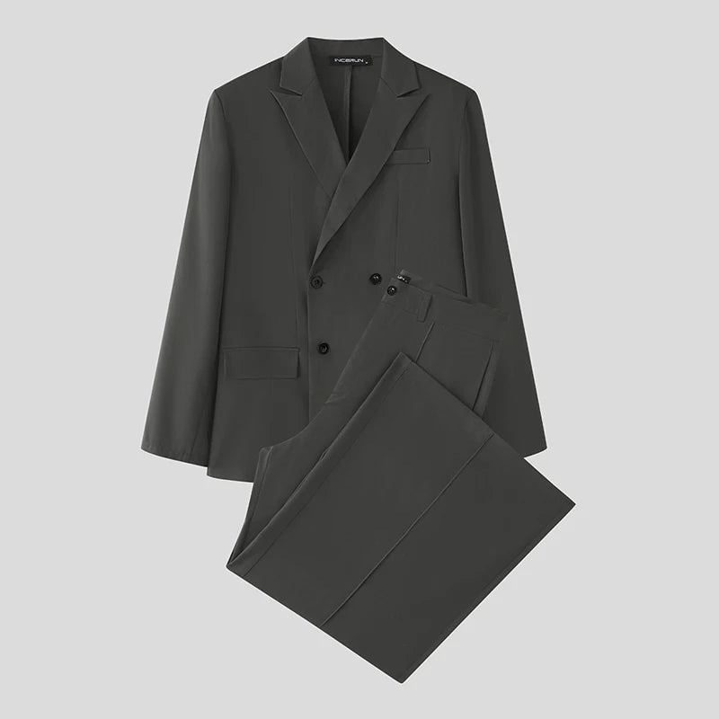 INCERUN Men Sets Solid Color Double Breasted Long Sleeve Blazer & Pants Two Pieces Sets Streetwear Fashion Casual Men's Suits