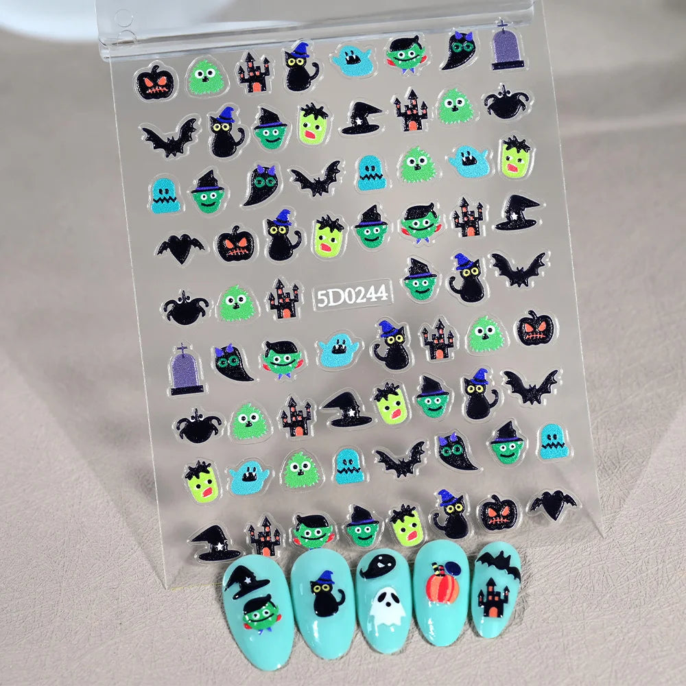 1sheet 5D Halloween Nail Stickers Pink/Green/Black Cartoon Pattern Nail Art Slider DIY For Sweet Cool Girl Cute Nail Decoration