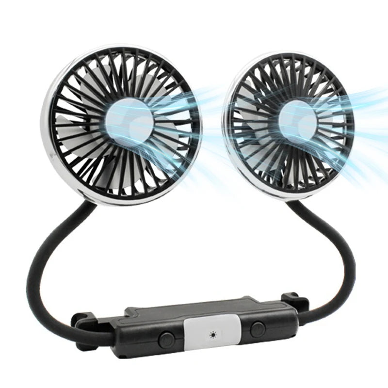 EAFC 3-speed Car Seat Back Cooling Fan USB Charge Dual Head Fan LED Lighting 360 Degree Rotation Neck Cooler for Home Use Travel