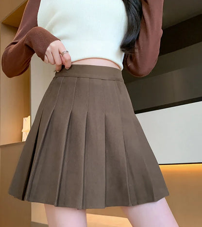 Autumn Winter Woolen Pleated Skirts Women New Korean High Waist Slimming Mini Skirt Ladies Preppy Style Side Zipper A-Line Skirt