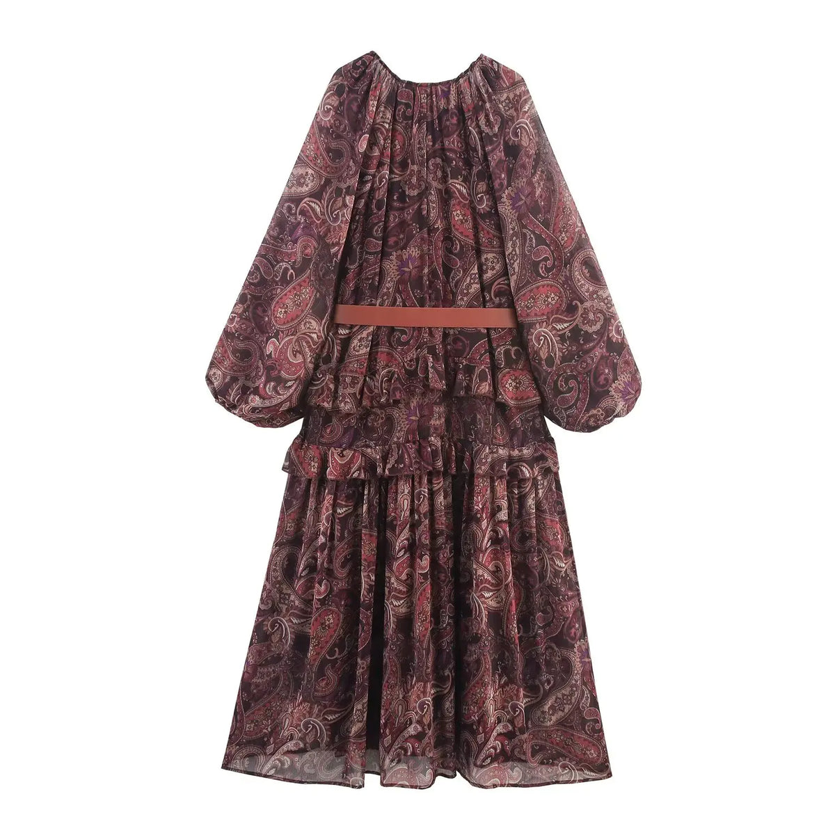 Faionable Spring New Women's V-ne Printed Dr with Belt High Waist Pleated Casual Sle Long Sve Zipper Closure Dr