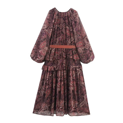 Faionable Spring New Women's V-ne Printed Dr with Belt High Waist Pleated Casual Sle Long Sve Zipper Closure Dr