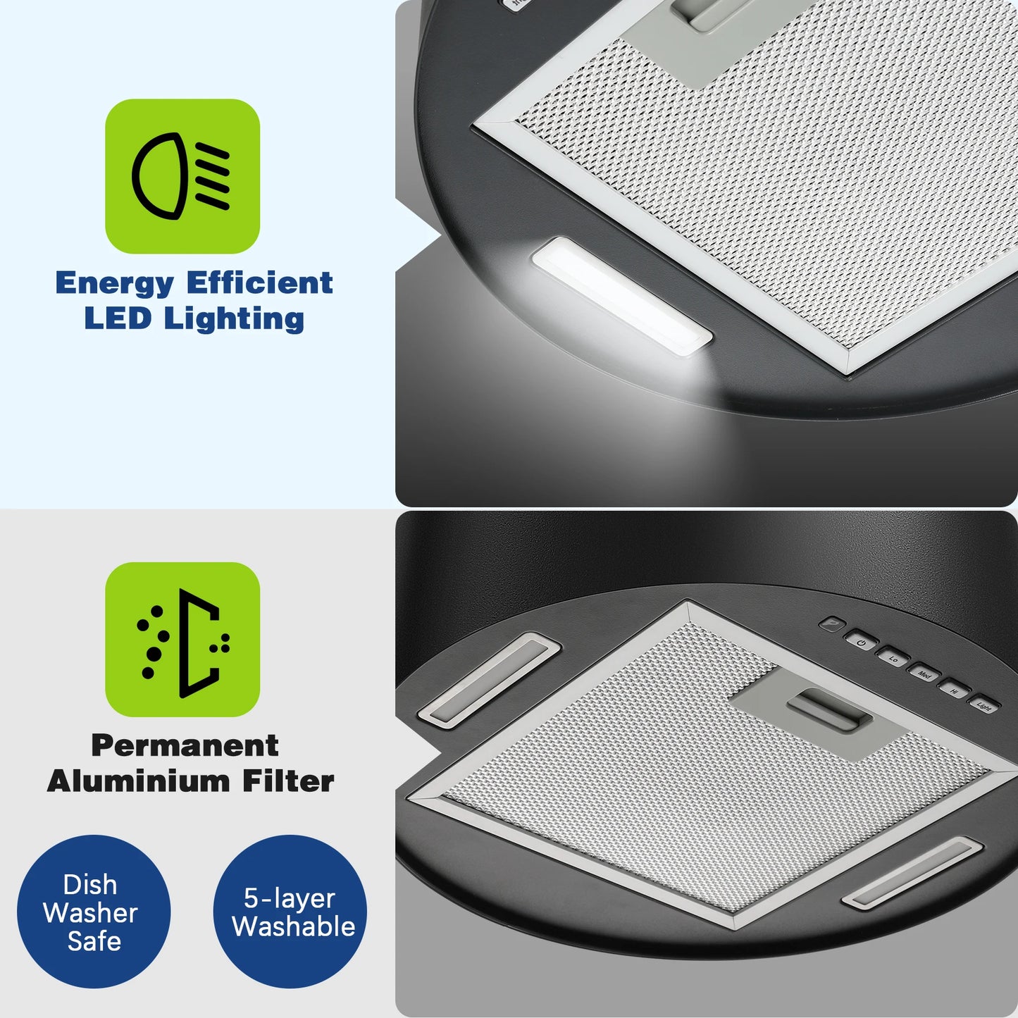 Salos gaubtas 700/800m³/h, A+ energija, 5 sluoksnių filtras, LED, be ortakių, juodas, CE, mygtukas
