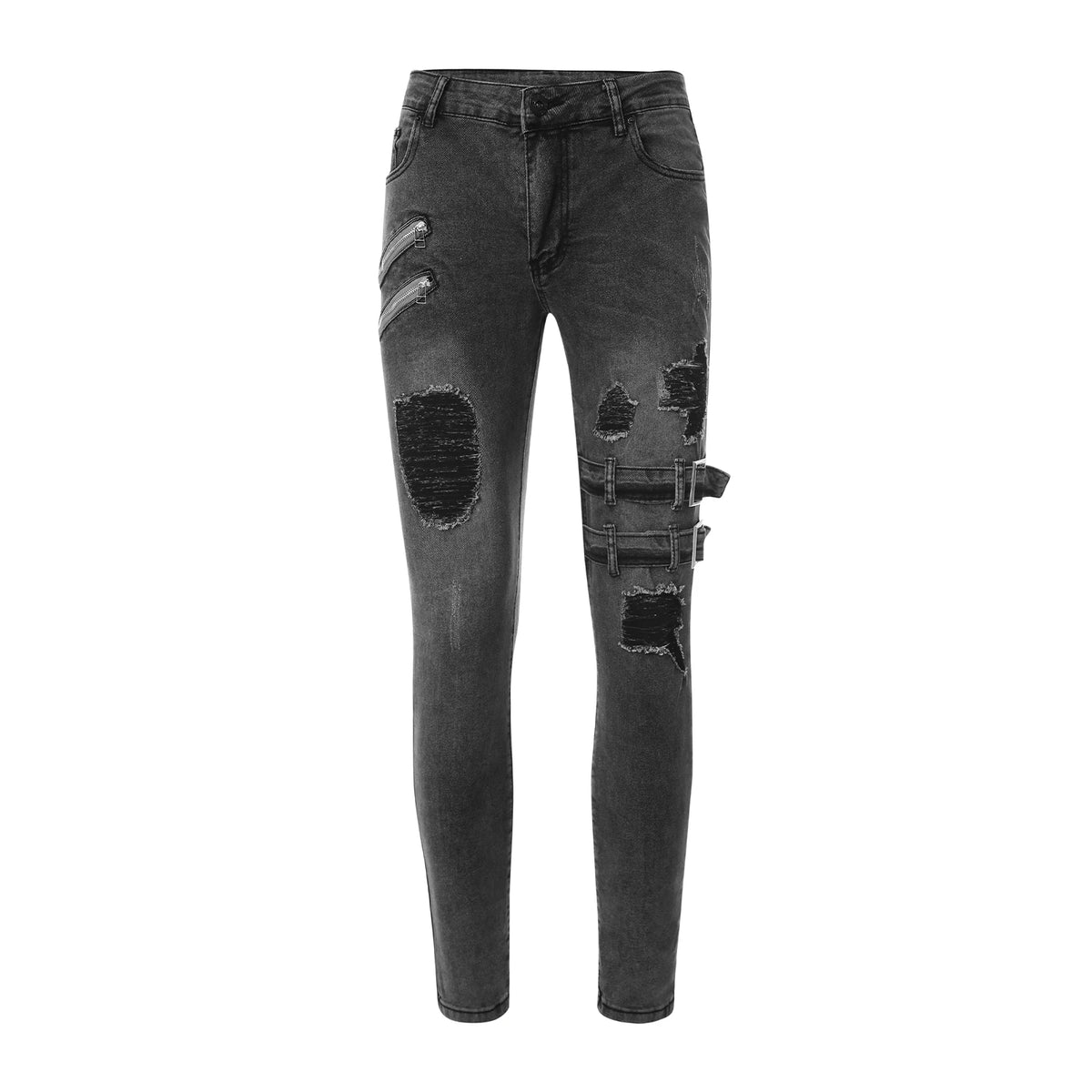 2025 New Men Slim Biker Ripped Long Denim Trousers Skinny Jeans Side Straps Zips Male Jogging Pants Destroyed Stretchy Pants