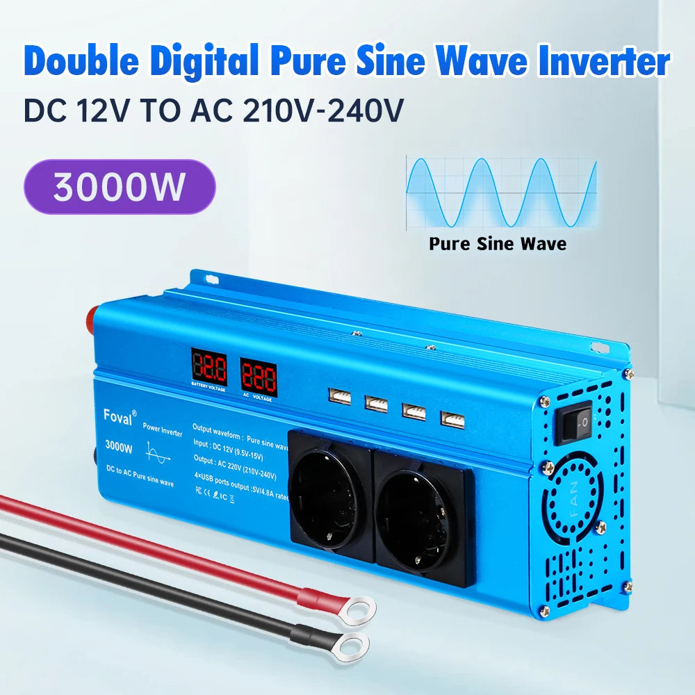 Pure Sine Wave Inverter DC 12V to AC 220V 230V 1500W/2200W/2600W/3000W Voltage Transfer Converter EU Socket Auto Accessories