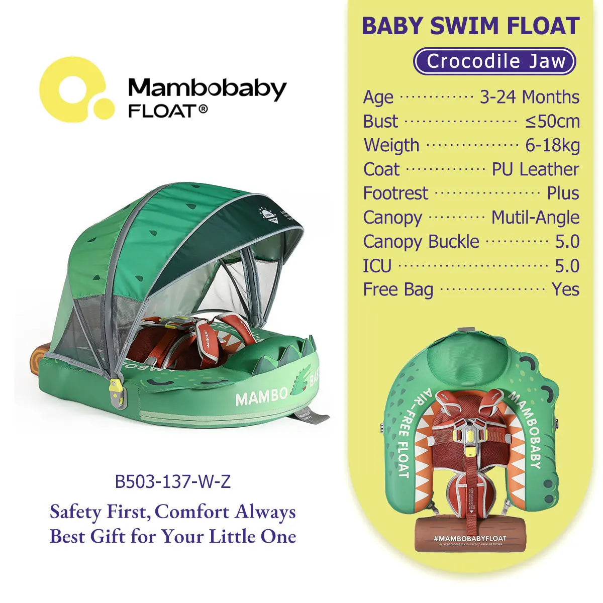 Mambobaby Float Safe Solid Core Comfort Skin-friendly Design with Canopy Baby Swimming Ring Toddler Pool Float Infant Water Ring