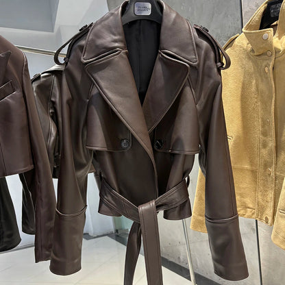 YOLOAgain Vintage Grain Leather Jacket Women Real Leather Sheepskin Jacket With Belt