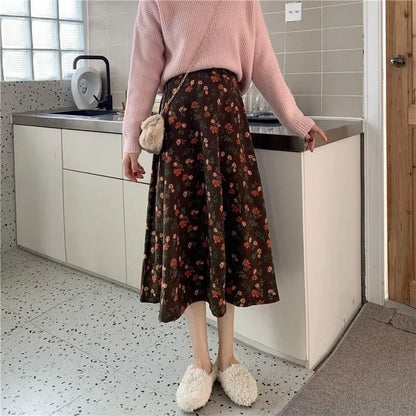 Women Floral Corduroy Midi Skirt High Waist A Line Printed Swing Long Skirt For Spring Autumn