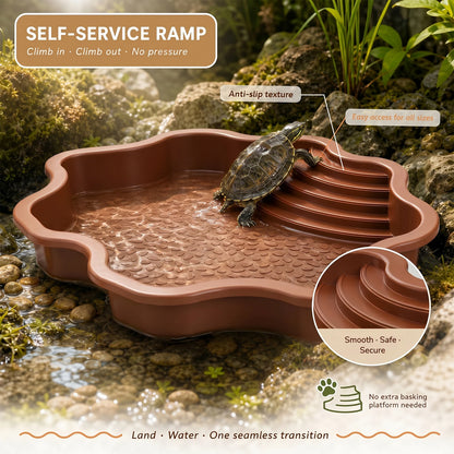 Turtle Bathing Pool Plastic Reptile Water Bowl with Ramp Non Slip Feeding Tray for Tortoise Gecko Frog Snake Terrarium Decor