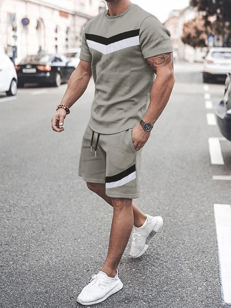 Summer Men's Stripe Print Short Sleeve Tee Elastic waist Shorts 2 Pieces Set Plus Size Loose O-Neck T-shirt Pockets Shorts Set