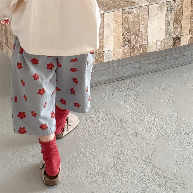 Spring/Summer Calf Length Pants for Girls Floral Print Anti-mosquito Breeches Korean Kid's Loose 7 Point Pants Childrens Clothes