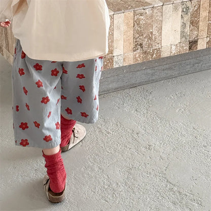 Spring/Summer Calf Length Pants for Girls Floral Print Anti-mosquito Breeches Korean Kid's Loose 7 Point Pants Childrens Clothes