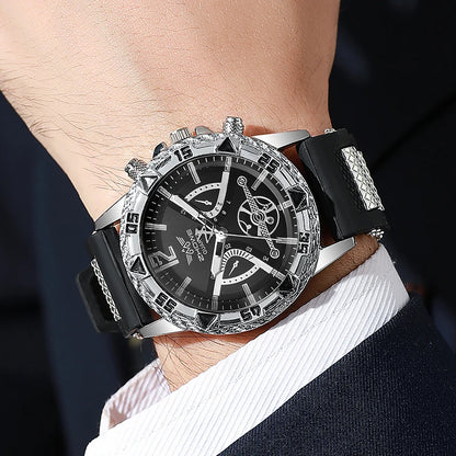 4PCS Fashion Arabic Dial Men Business Quartz Watch CasuSilicone Strap Wristwatch With Necklace Set Reloj Hombre (Without Box)