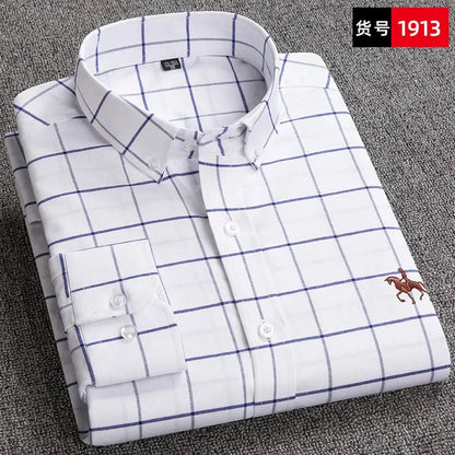 Casual cotton men's shirt slim fit horse logo bottom inch shirt Oxford spinning long sleeved striped shirt