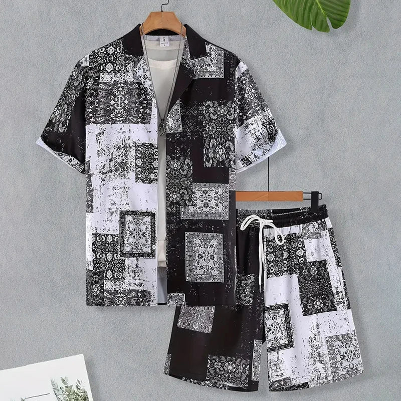 Hawaii Beach Holiday Mens Shirt Short Sleeve Shorts Two Piece Paisley Printed Pattern Breathable Set Fashion Mens Party Suit