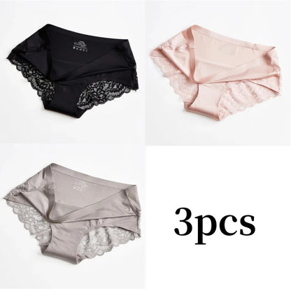 3pcs Lace Women's Panties French Seamless Underwear Female Ice Silk Briefs Solid Color Breathable Underpants Lingerie