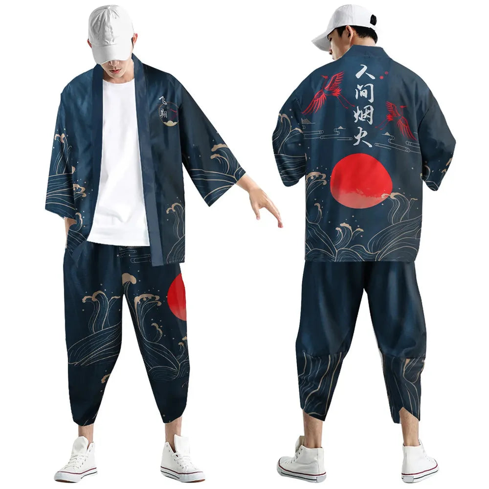 Large Size 5XL 6XL Japanese Kimono Cardigan Pants Set Print Fox Men Women Shirt Tradition Yukata Haori Obi Cosplay Costume