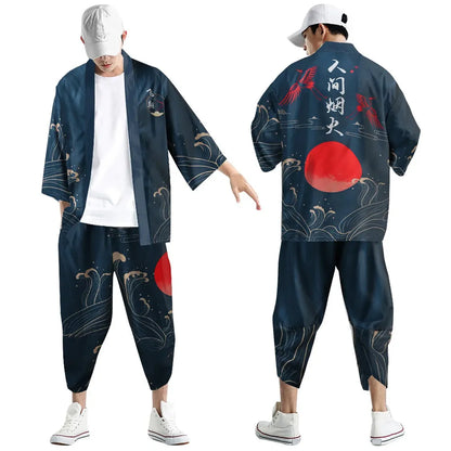 Large Size 5XL 6XL Japanese Kimono Cardigan Pants Set Print Fox Men Women Shirt Tradition Yukata Haori Obi Cosplay Costume