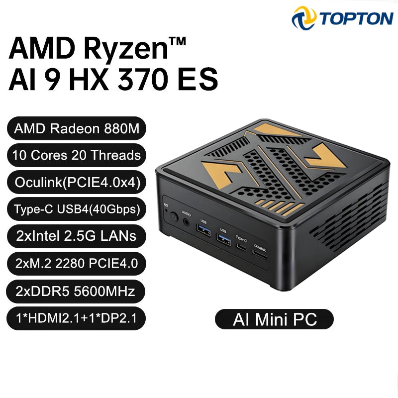 Topton Gaming Mini PC AMD Ryzen AI 9 H 465 HX 370 AI 7 PRO 350 ES USB4 2x2.5G LAN NVMe Windows 11 Office Desktop Computer WiFi6E