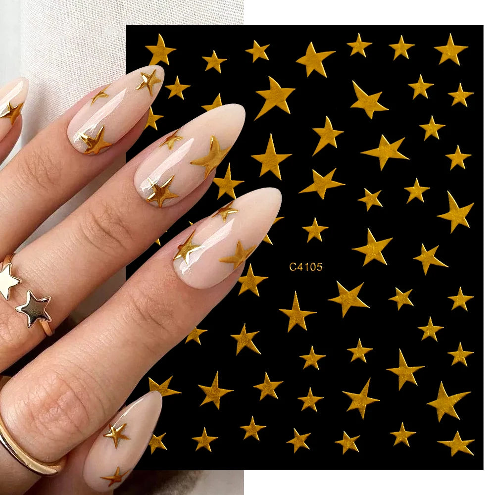 3D Bronzing Laser Silver Irregular Star Nail Decals Metallic Effect Silver Pentagram Nail Decals Adhesive Nail Art Star Stickers