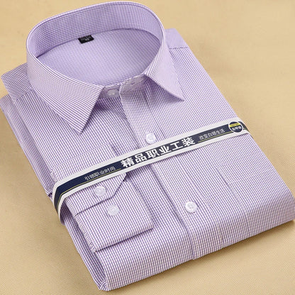 8XL Plus Size Men's Top Quality Dress Shirts Long Sleeve Slim Fit Solid Striped Business Formal White Shirt Male Social Clothing