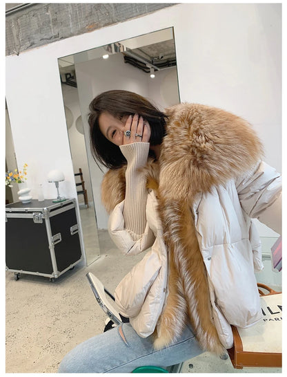 Oversized Winter Warm Real Fox Fur Collar Black Down Coat Women Puffer Outerwear Jackets 2024 Autumn Winter