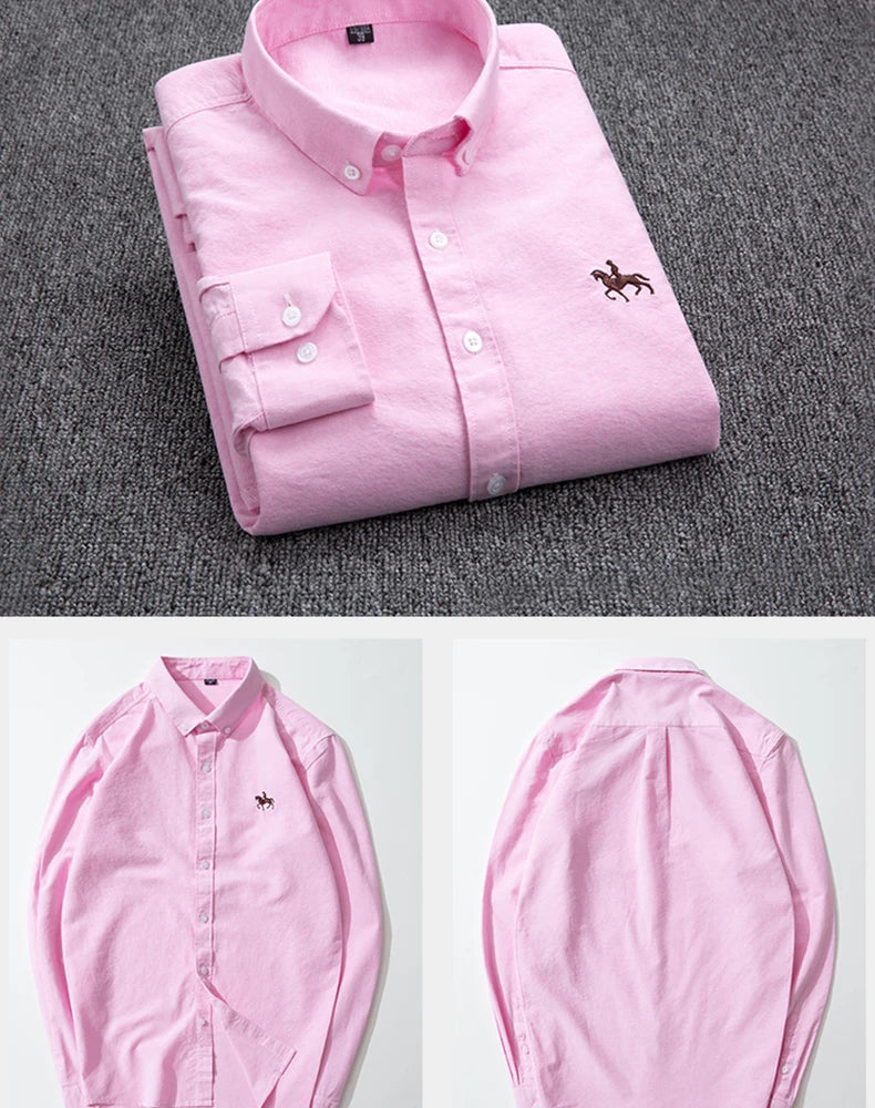 Casual Pure Cotton Oxford Mens Shirts Long Sleeve Embroidery Horse Design Regular Fit Fashion Button Man White Dress Shirt