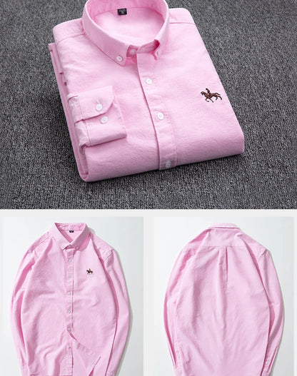 Casual Pure Cotton Oxford Mens Shirts Long Sleeve Embroidery Horse Design Regular Fit Fashion Button Man White Dress Shirt