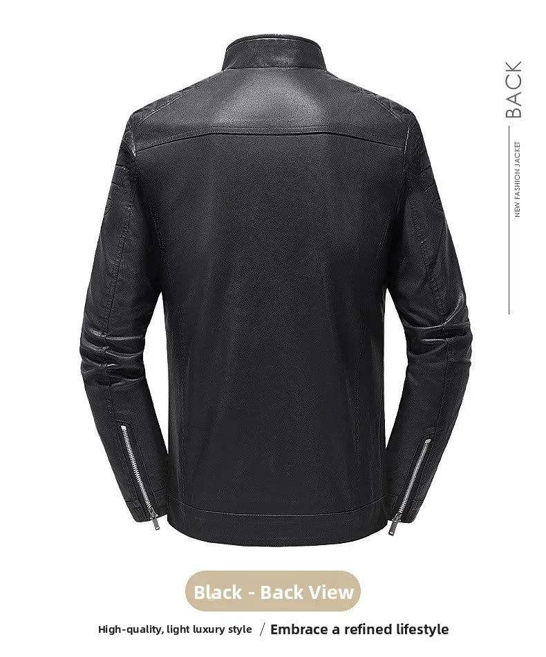 Spring Autumn Men's Biker Style Thin Top Layer Leather Jacket Motorcycle Outerwear Lightweight Korean Version Zipper Closure