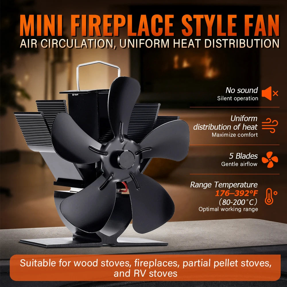 Mini Stove Fan Heat Powered Fireplace Fan Log Wood Burner Eco-fan Quiet 5 Blade Fireplace Fan Home Winter Warm Heat Distribution