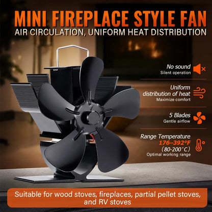 Mini Stove Fan Heat Powered Fireplace Fan Log Wood Burner Eco-fan Quiet 5 Blade Fireplace Fan Home Winter Warm Heat Distribution