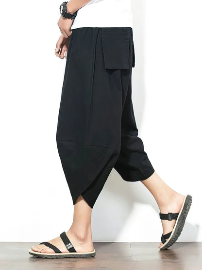 Beach Summer Cotton Linen Cargo Shorts Men Baggy Wide leg Casual Capris Pants Male Sport Running Shorts 2025 Harem Trousers