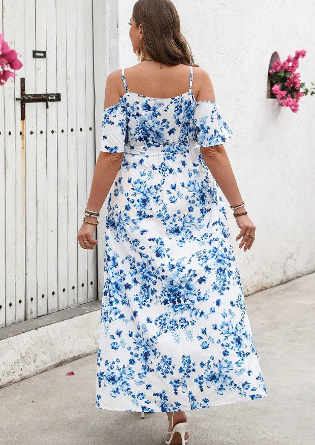 Plus Size Large Size Fashion Floral Print Women's Strap Dress Comfortable Casual Long Skirt Polyester Fabric Commute Style Th...