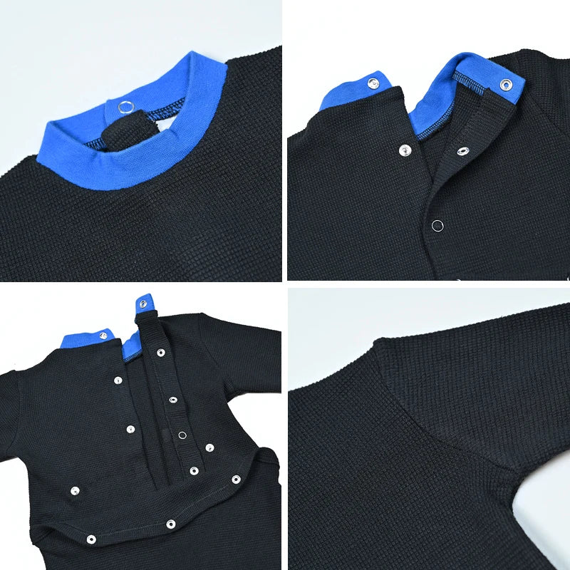 AA-Colorblock Waffle Knit Set Shirt Girl Dress and Baby Romper Contrasted Edges Rib Black Family Clothing Front Buttons Opening
