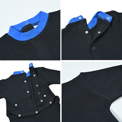 AA-Colorblock Waffle Knit Set Shirt Girl Dress and Baby Romper Contrasted Edges Rib Black Family Clothing Front Buttons Opening