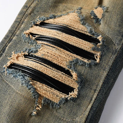 Y2k New Men's Jeans Washed Nostalgic Perforated Black Leather Patch Deep Blue Jeans High Street Designer Hip-Hop Brand High-Qual