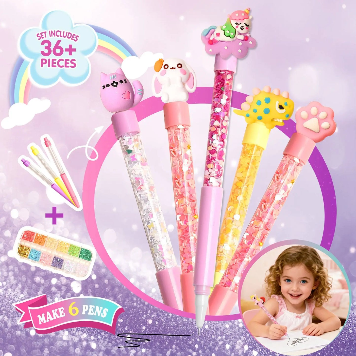 DIY Glitter Pen Making Kit Kids Craft Supplies 80+ Pieces Handmade Art Set Make 16 Pens Cartoon Decor Birthday Gift for Girls Bo