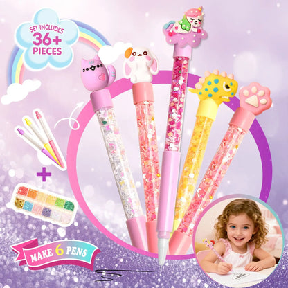 DIY Glitter Pen Making Kit Kids Craft Supplies 80+ Pieces Handmade Art Set Make 16 Pens Cartoon Decor Birthday Gift for Girls Bo