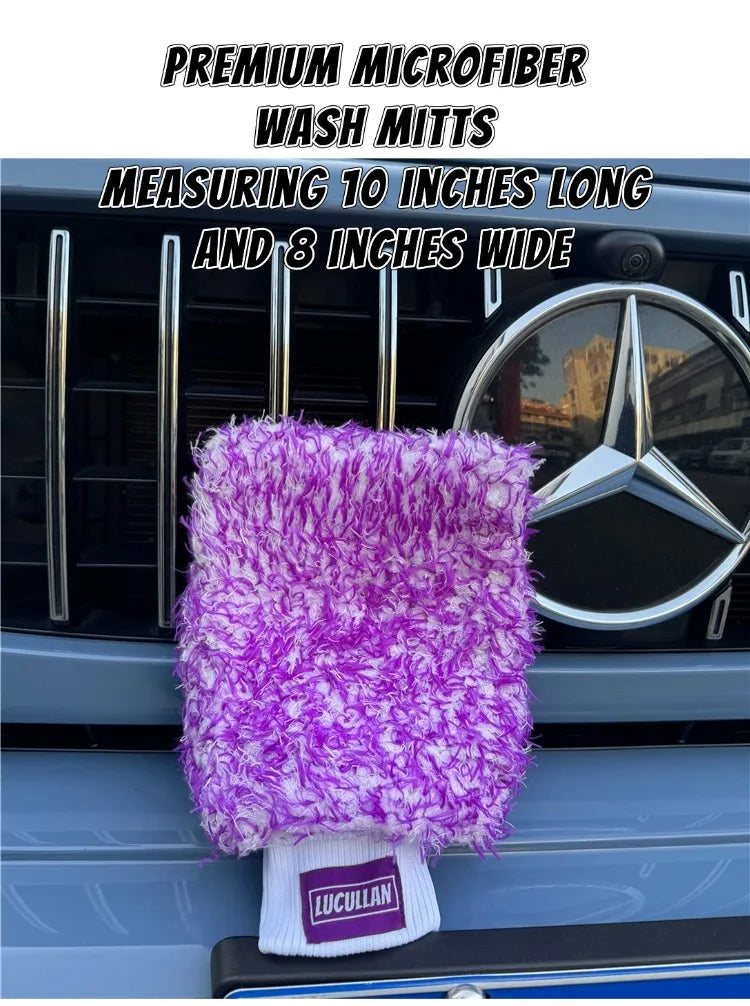 Lucullan Logo Premium Purple Microfiber Glove Super Absorbency Foam Stitch Inner Lining Car Wash Mitt