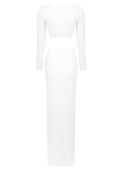 Sexy Long Sleeves Crop Top + High Split Skirt Two Piece Set Women 3D Flower Details Slim Suits Celebrity Cocktail Party Set Gown