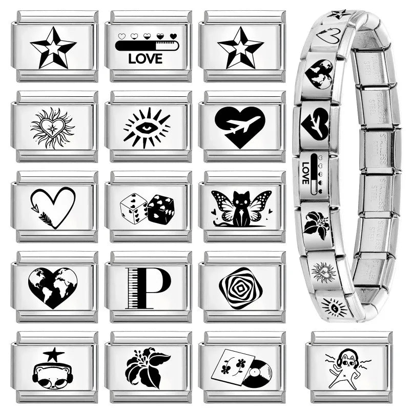 Laser Engraving Cute Cartoon Black Playing Cats Italian Charm Links Fit 9mm Stainless Steel Bracelet Men Women DIY Making Gifts