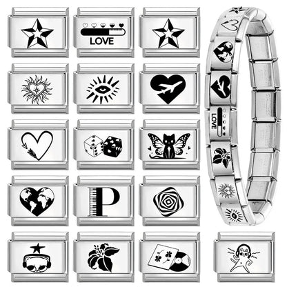 Laser Engraving Cute Cartoon Black Playing Cats Italian Charm Links Fit 9mm Stainless Steel Bracelet Men Women DIY Making Gifts