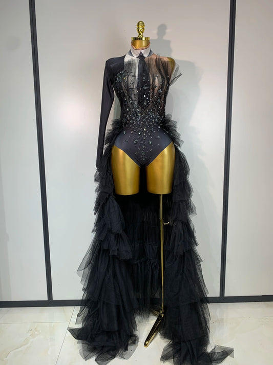 2025 New Black Perspective Bodysuit Women Sexy Singer Dance Stage Performance Costume Evening Party Birthday Photo Shoot Outfit