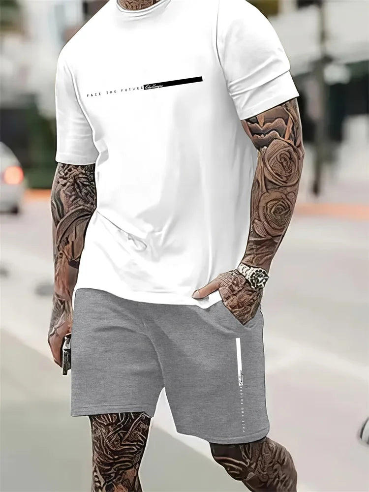 2025 New Men's Summer Round Neck Short Sleeve Suit Outdoor Sports Breathable Comfortable Shorts Suit Letter Print Casual Suit