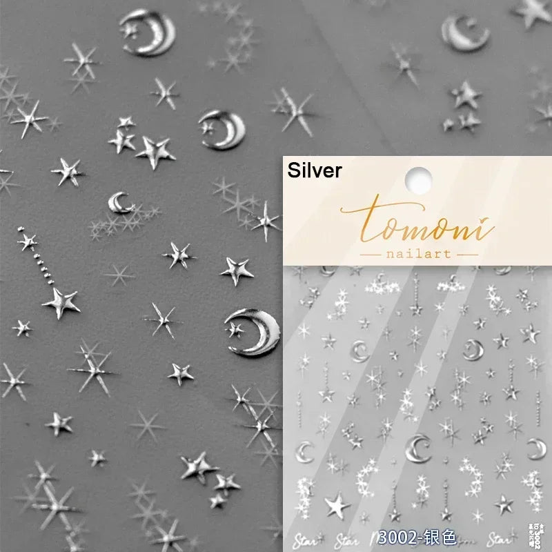1PC 5D Korean Bronzing Nail Stickers Japanese Gold Silver Star Moon Luxury DIY Nail Art Decoration Decals Manicure Accessories