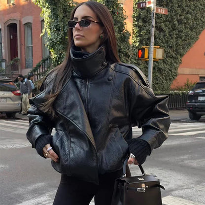 Women's Faux Leather Jacket 2025 New Fashion Autumn Black Long Sleeve Pebble Jacket Motorcycle Style Personality Ladies Jacket