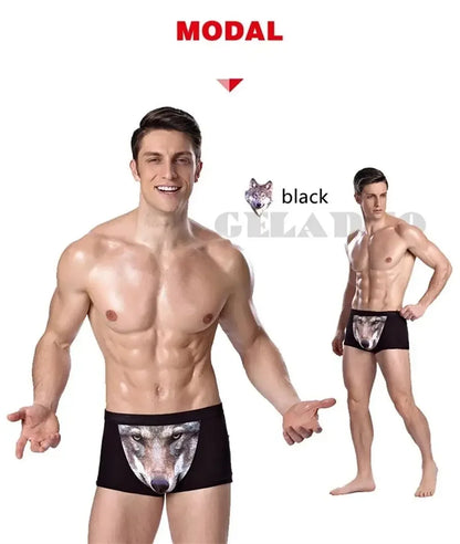 Men 3D Printed Boxer Shorts Wolf Eagle Head Pattern Mid Waist Flat Angle Underpants Soft Modal Knitted Breathable Underwear