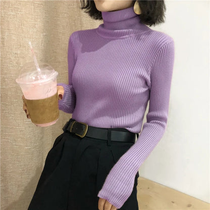 2026 Autumn Winter Sweater Women Knitted Ribbed Pullover Sweater Long Sleeve Turtleneck Slim Jumper Soft Warm Pull Femme