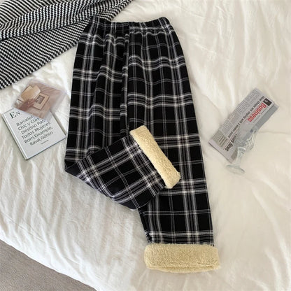 JMPRS Fashion Warm Plush Pants Thick Plaid Women Casual Loose Wide Leg Trousers Korean Streetwear Straight Student Pants New